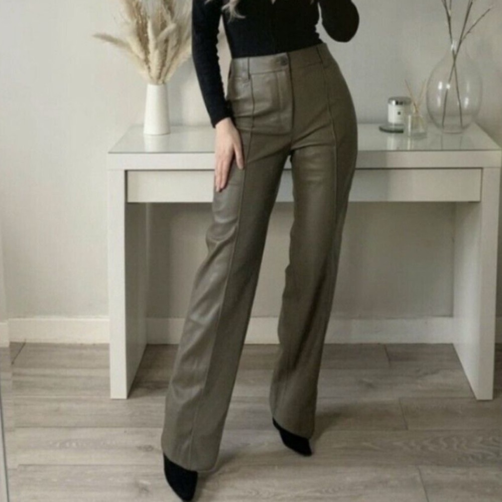 Zara Faux Leather Seamed Khaki Green Pants Full‎ Length Straight Leg size XXL